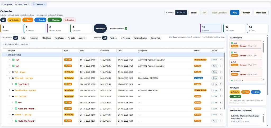 IxpertOnCloud Calendar To-Do list with status cards and task grid